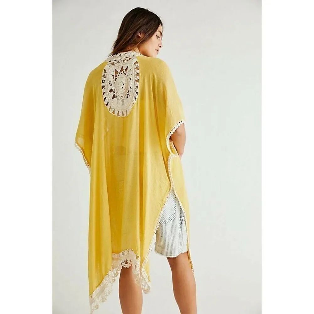 NEW FREE PEOPLE SUNDIAL CROCHET KIMONO DUSTER IN YELLOW XS S M L ONE SIZE